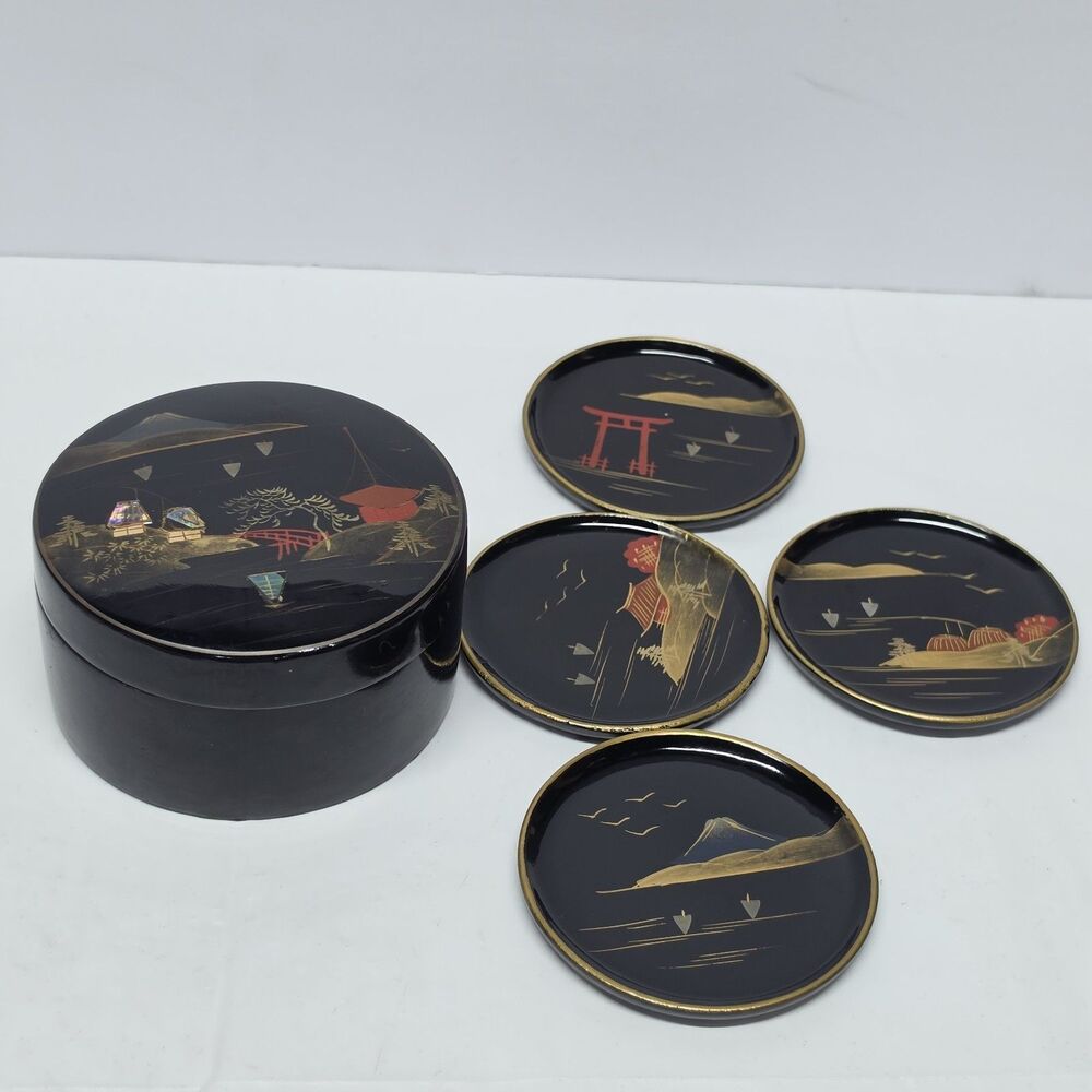 Vintage Japanese Lacquered Bamboo Coasters Set Village By The Sea Fuji Asian